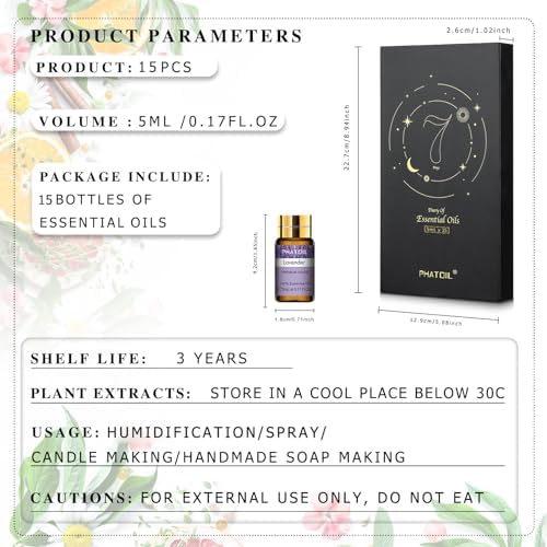 PHATOIL Essential Oil Gift Set for Diffuser, Skin Care, Massage, 15 x 5ml