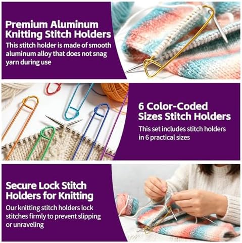 IOGOG 6 Pcs Knitting Stitch Holders, 6 Size Aluminum Stitch Holders for Knitting, Color-Coded Stitch Holder Set, Large Safety Pins for Sweaters, Scarves, Crochet & DIY Craft Projects (6 Colors)