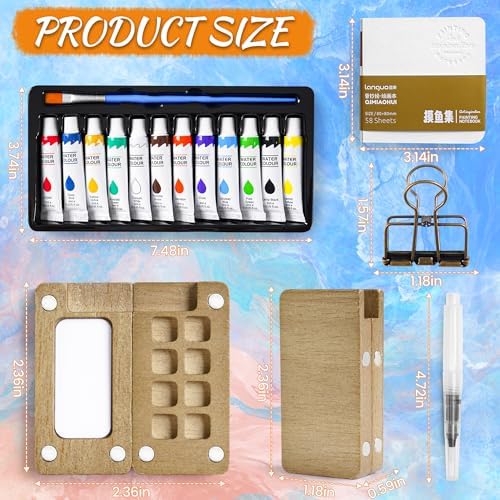 Mini Watercolor Paint set, Portable Watercolor Paint Travel Set, 12 Color Pocket Artist Watercolor Travel Kit with Picture Book, 8 Grids Portable Wooden Paint Palette for Painters, Artists, and Students