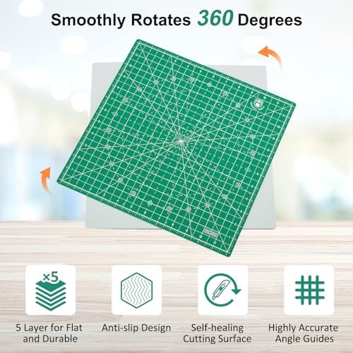 Headley Tools 12"x12" Rotating Cutting Mat, Self Healing Mat with 360-Degree Rotation & Anti-Slip Base, Sewing Board Cutting Mat Perfect for Fabric Quilting Leather Hobby Project, Green