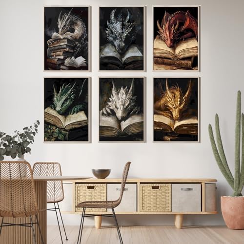 GOUOYANA 6P Dragon and Book Paint By Numbers Kit for Adults Acrylic Canvas | Adult Paint by Number Kits Acrylict Canvas for Painting DIY Dragon And Book Paint by Numbers for Home Wall Art Gift 12X16in