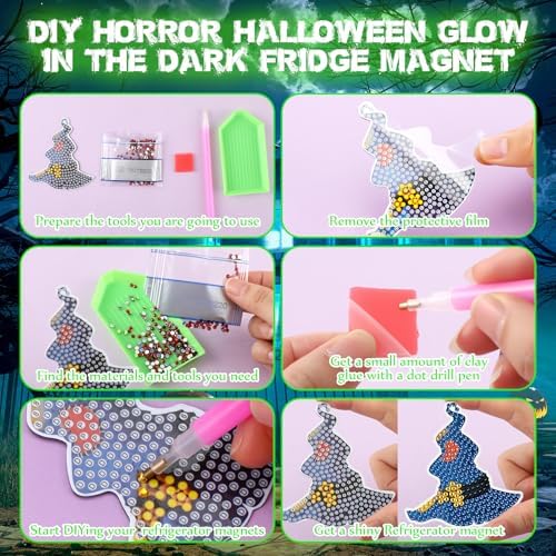 Motipuns 30 Pcs Halloween Diamond Art Magnets Witch Hat Glow in Dark