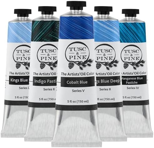 Tusc & Pine Artist Oil Paint - Set of 5, 150 ml, Ocean Blues, 750 ml of Non-Yellowing, Creamy Consistency, Max Pigment Load, Small Batch Milled Oil Paints Made in the USA for Professional Artists