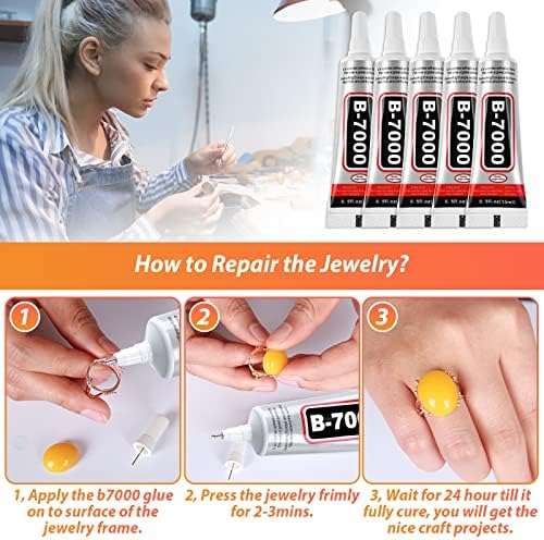 B7000 Clear Adhesive with Precision Tips, 5 PCS B-7000 Jewelry Bead Glue for Diamond Rhinestone Applicator Tools Set - Strength Adhesive for Nail Art DIY Crafts Clothes Shoes Bags