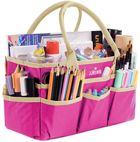 JJRING 600D Nylon Craft & Art Organizer Tote Bag With Pockets, Rose Red