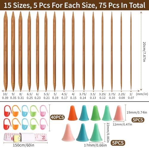 75Pcs Bamboo Double Pointed Knitting Needles Set 15 Sizes Complete Knitting Kit with Stitch Markers Needle Caps & Tape Measure for Beginners and Pros
