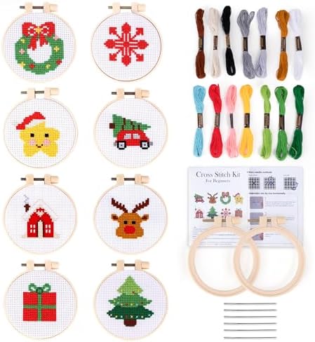 Pllieay 8PCS Christmas Cross Stitch Kit for Kids, Includes 8Pcs Christmas Patterns, 2Pcs Hoops and 14 Color Skeins, Fun & Easy Cross Stitch Kits for Beginners, Perfect for Crafts and Christmas Decor