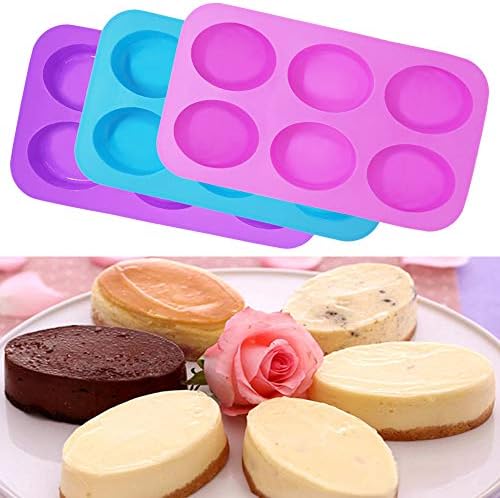 3 Packs Silicone 6 Cavities Oval Shape Cake Mold, findTop Homemade Craft Soap Mold Cake Mold for Cake Baking Tart Pudding Cookie Making- Pink, Purple, Blue