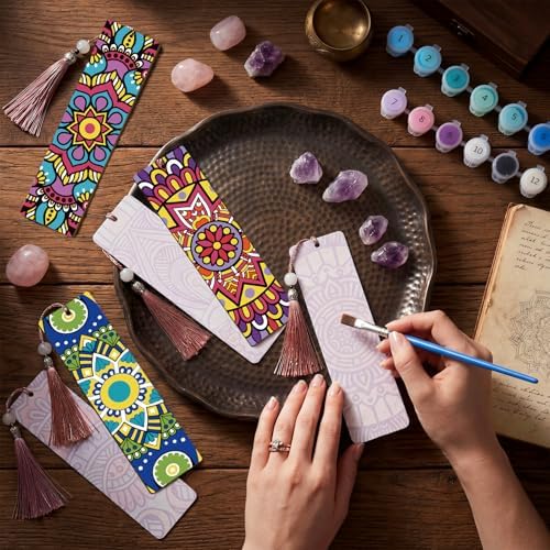 Kosiz 12 Pcs Mandala Paint by Number Kit for Adult Wood Bookmark | Mini Flower Paint by Numbers Kit, Painting Decor, Floral Tassels Blank Bookmarks, for Small DIY Craft Book Lovers Gift 7x2 ''