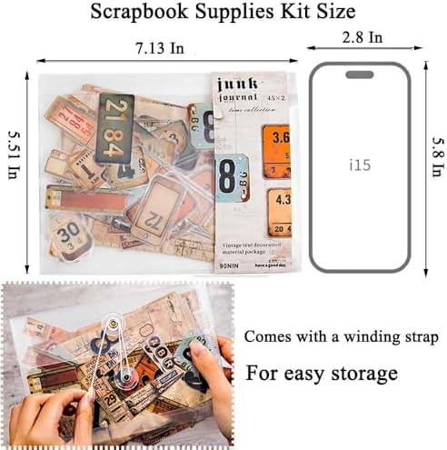 Vilikya 90Pcs Tag Label Scrapbook Stickers for Junk Journal Ephemera, PET Number Sticker for Journaling Kit, Vintage Scrapbooking Paper for Decoupage, Collage Cards Frame Stickers for Bullet Journal