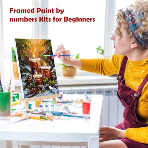 MOGTAA Christmas Paint by Numbers Kit for Adults Beginners with Frame, Christmas Candle Adult Paint by Number Kits on Canvas with Easel, Easy DIY Winter Oil Painting Kits for Home Decor, 8x12in