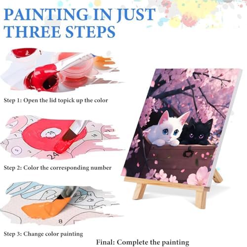 bleihum Cats Paint by Numbers Kit for Adults with Frame Wooden Easel, Cherry Blossoms Paint by Number Kits on Canvas, Small Painting by Numbers for Adult Beginners Home Decor 8X8 Inch