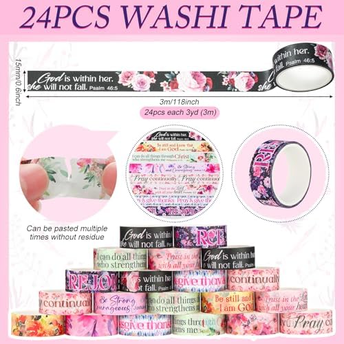 24 Rolls Christian Washi Tape Gifts, Watercolor Floral Religious