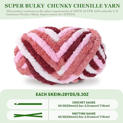 Bulky Chunky Yarn for Hand Knitting Blanket – #10 Jumbo Knitting Yarn, 1 Inch Thick Chenille Jumbo Yarn, No Knots Soft Machine Washable, Super Bulky Yarn 4 Pack for Crochet, Arm Knitting & Crafts