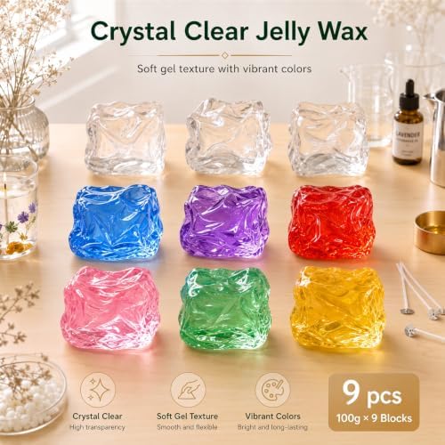 Blingfun Jelly Candle Making Kit,9pcs Gel Wax -7 Colors Candle Making kit，Includes Wax Wicks Wick Stickers，Wooden Wick Holders and More，DIY Starter Candle Making Kit 2.8LB/45oz