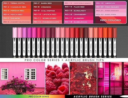 TOOLI-ART 22 Flexible Brush Tip Acrylic Paint Pens Markers Set 1-7mm Line for Rock Painting, Glass, Mugs, Wood, Metal, Canvas, Plastic. Non Toxic Waterbased Quick Drying Assorted Red
