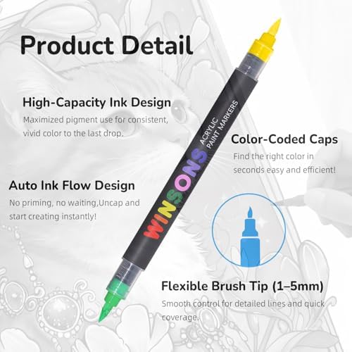 WINSONS 60 Colors Dual Tip Art Markers Set, Auto Ink-Flow Markers for Drawing, Illustration, Manga Coloring, Sketching Coloring Books