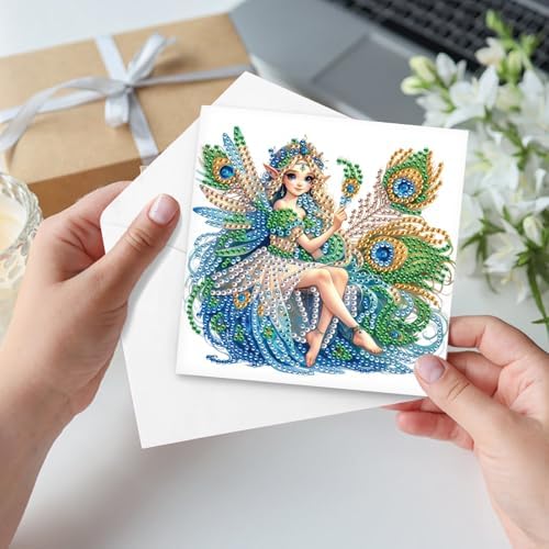 Tontut 6pcs Diamond Art Painting Kit Greeting Card, Green Angel Butterfly 5D DIY Diamond Handmade Holiday Greeting Card with Envelope, Holiday Gift Congratulations