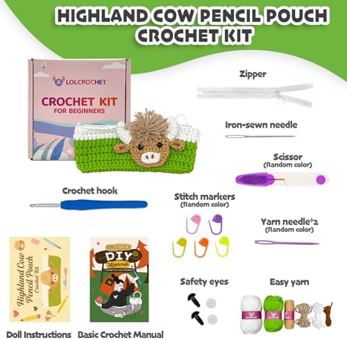 Highland Cow Crochet Kit for Beginners, Learn to Crochet Pencil Bag Starter Set with Video Tutorial & Crocheting Manual, Easy Yarn Knitting Kit for Adult, DIY Amigurumi Birthday Xmas Gift Idea
