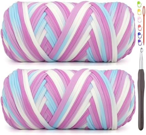 2 Pack Tshirt Yarn for Crocheting,Rainbow T Shirt Chunky Elastic Thick T-Shirt Crochet Yarn for Beginners Crocheting Hand Knitting Bag/Basket/Coasters/DIY Crafts/Home Decor 2 * 200G-Purple White Blue