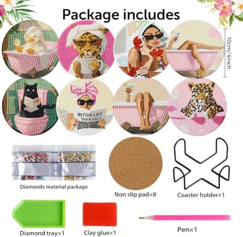 8 Pack Diamond Art Coasters, Pink Bow Woman Diamond Painting Coasters