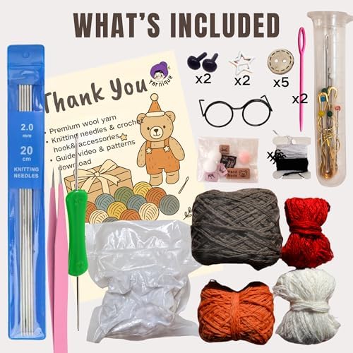 Yarnique Wool Bear Knitting Kit – Real Wool Amigurumi Kit for Adults with Video Tutorials | DIY Bear Crochet & Knitting Kit with Tools | Holiday Gift Craft Set（Overall