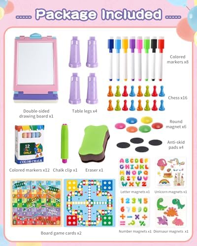 Elovien Easel for Kids, 4 in 1 Double Sided Toddler Art Easel with Chalkboard & Magnetic Whiteboard, Foldable Kid Tabletop Easel with Drawing & Writing Accessories - Educational Gift for Girl (Purple)