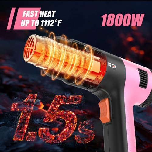 1800W Craft Heat Gun (122℉-1202℉) with 4 Nozzles (Pink) | 1.5s fast heating tool with 2 airflow settings & overload protection for precise resin DIY, PVC shrink tubing & vinyl wrap.