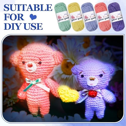 WILLBOND 5 Rolls Glow in The Dark Yarn Luminous Crochet Yarn for Crocheting DIY Knitting Glow Fingering Sewing Supplies for Halloween Arts Crafts Sewing Party, 54.7 yd Per Roll (Cute Colors)