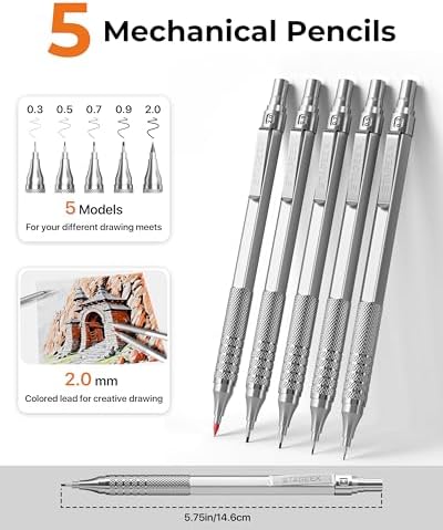 STAGEEK 20Pcs Silver Metal Mechanical Pencil Set with Leather Case | 5PCS Art Drafting Pencils, 0.3, 0.5, 0.7, 0.9, 2.0MM Drawing Pencils, 9 Tube (4B 2B HB 2H Colors) Lead Refills, Erasers