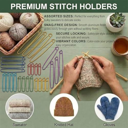 RJLCTH 28 Pcs Stitch Holders for Knitting, Aluminum, 7 Sizes