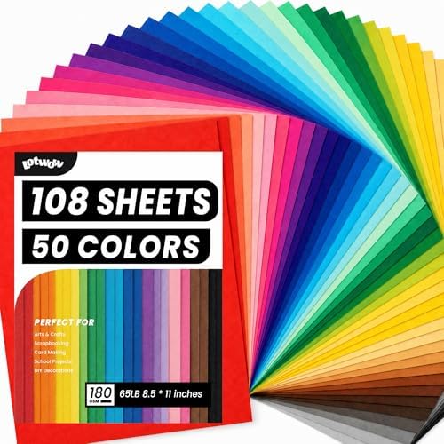 108 Sheets Colored Cardstock 8.5" X 11", 50 Assorted Colors 180GSM/65LB Construction Paper Card Stock Printer Paper for DIY Crafts, Printing, Scrapbooking, Party Decorations, School Art Supplies