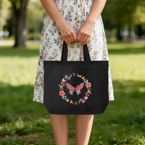 ERKOON Embroidery Canvas Tote Bag for Beginners, Floral Arts Crafts Cross Stitch Kits for Adults Including Stamped Embroidery Bag with Hoops, Needle, Instruction and Color Threads (Butterfly)