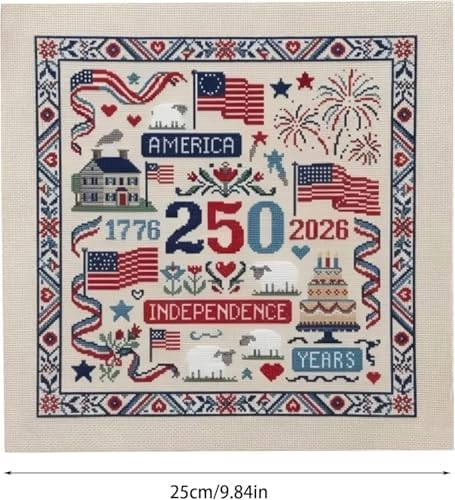 USA 250th Anniversary Cross Stitch Kit 9.8 x 9.8 Inch, 1776-2026 Patriotic Embroidery Kit for Beginners Adults, DIY 4th of July Patriotic Needlepoint Set with Threads Needle Wall Decor Craft Gift