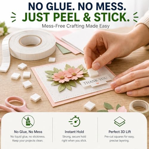 Double Sided Foam Tape, 10 FT Pre-Cut EVA Foam Tape, Approx. 230 Larger Foam Pads, 3/4 x 1/2 in Adhesive Foam Squares, 1.9mm Thick for Card Making, Scrapbooking, Photos, Crafts DIY
