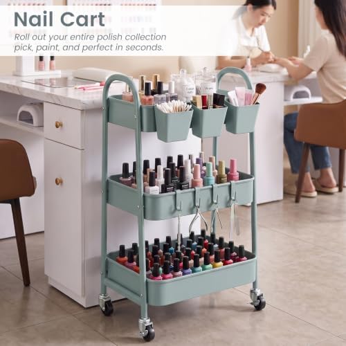 danpinera 3-Tier Rolling Cart, Utility Cart Mobile Metal Rolling Storage Cart with Lockable Wheels & Hanging Cups & Hooks for Kitchen, Bathroom, Office, Workshop, Gray Blue