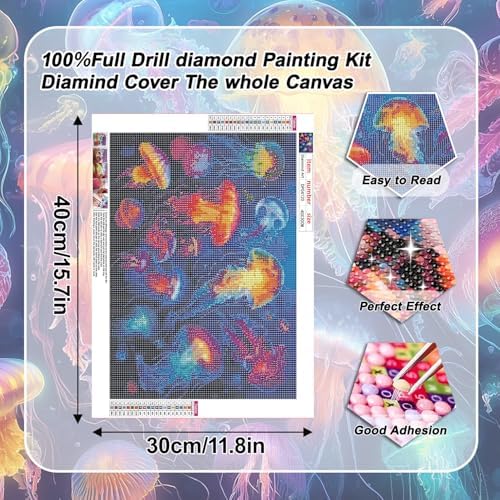 VeGuude Jellyfish Diamond Art Kits for Adults, Full Drill Beach Diamond Painting Kits for Beginners, DIY Full Ocean Rhinestone 5D Diamond dots (Gemstone Craft), Home Wall Decoration (16x12 inch)