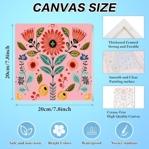 4 Pack Framed Floral Paint by Numbers Kits for Adults with Easel (8x8in)