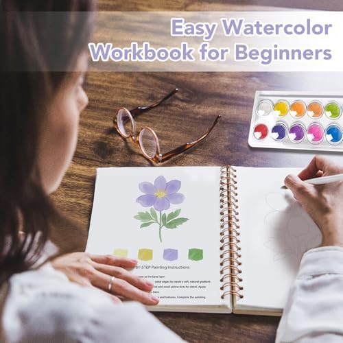 Easy Watercolor Workbook for Beginners - 12 Beautiful Step-by-Step Paintings Water Coloring Book, Includes 16 Watercolors Set, Relaxing Art Projects and Creative Gift for Adults & Teen (Flowers)