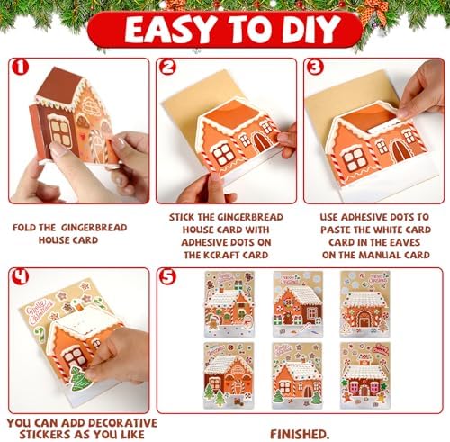 ojustbeok 24 Sets Christmas Gingerbread Craft Kit for 3D Gingerbread House Card Making Your Own Festive Winter Greeting Cards Xmas DIY Card Crafts for Holiday Home Art Crafts Supplies