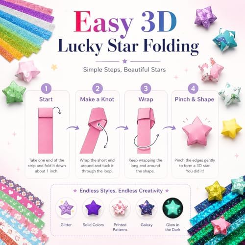 840 Sheets Luminous Origami Stars Papers with 4 Different Designs, Origami Star Paper Strips Lucky Star for DIY Arts Crafting, Handicraft (Multicolor)