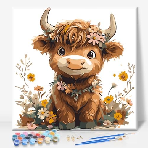 Framed Paint by Numbers Kit for Adults Beginner, Highland Cow Easy Paint by Numbers with Frame, Highland Cow Acrylic Adult Painting by Number Kits on Canvas Framed for Gift Home Decor 12x12 Inch