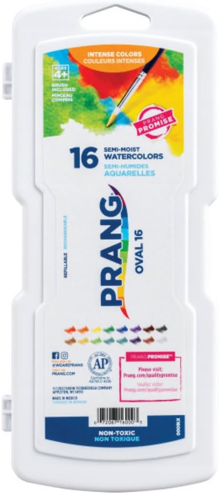 Prang Semi-Moist Watercolors 16-Color Oval Pan Set, Pack of 6 | Refillable, Wax-Free Pigments, Mixing Tray in Lid, Size 6 Paintbrush Included