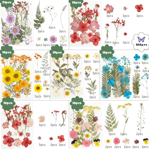 203 Pcs Dried Pressed Flowers for Resin Crafts, Real Natural Pressed Flowers and Leaves Kit Butterfly Stickers Vacuum Sealed Dry Flowers for DIY Epoxy Resin Jewelry Molds, Candle Soap Making, Nail Art