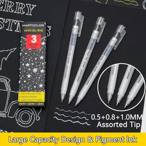 MARTCOLOR White Gel Pens, 3 Pack, 0.5mm, 0.8mm, 1.0mm White Gel Ink Pens