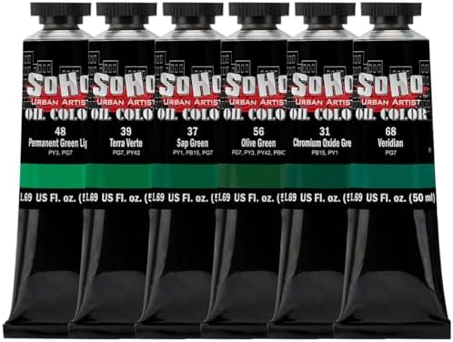 Soho Urban Artist Oil Paint Greens Set of 6-50 mL Tubes, Triple-Milled Oils with Refined Linseed - Smooth Application, True Color Mixes, Ideal for Brushes & Palette Knives