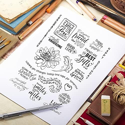 Blessing Words Flowers Leaves Clear Stamps for Card Making Decoration DIY Scrapbooking, Transparent Rubber Seal Stamps for Photo Card Album Crafting Supplies.