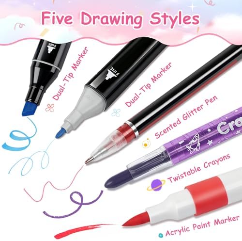 SHXWELL 69 PCS Initial Washable Scented Markers Set with Glitte Pencil Case Shoulder Strap, Personalized Art Supplies and Crafts for Kids Ages 4-6-8, Birthday Gifts for Girls Coloring Markers Set (S)