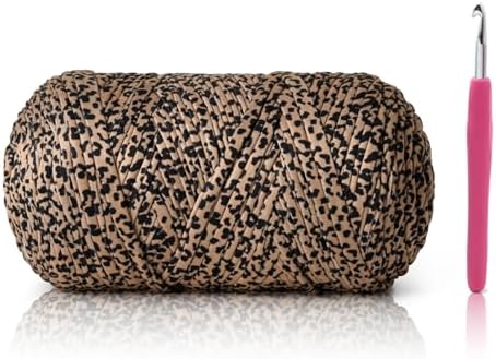 Soft Tshirt Crochet Yarn, 400g/114yds High Elastic Hand Knitting Yarns, Thick T Shirt Yarn for Crocheting Bags, Baskets, Cushions, DIY Crafts（Leopard Print）