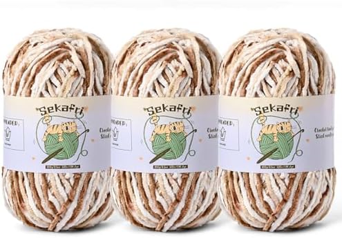3 Pack of 300g (590yds) Fuzzy Chenille Yarn for Crocheting, Fluffy Amigurumi Crochet Yarn for DIY Craft/Hat/Clothes, Soft Velvet Baby Blanket Yarns (3 White Coffee)